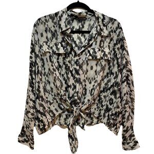 ADRIANNA PAPELL Black and Cream Sheer Dolman Long Sleeve Shirt Sz L